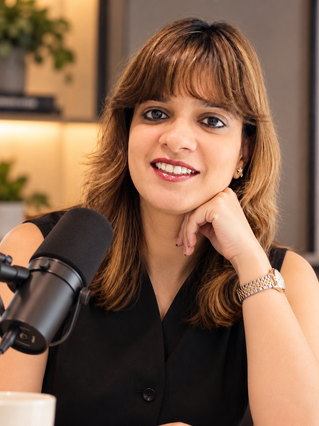 Shruti Tiwari recording the Her Hustle. Her Story. podcast