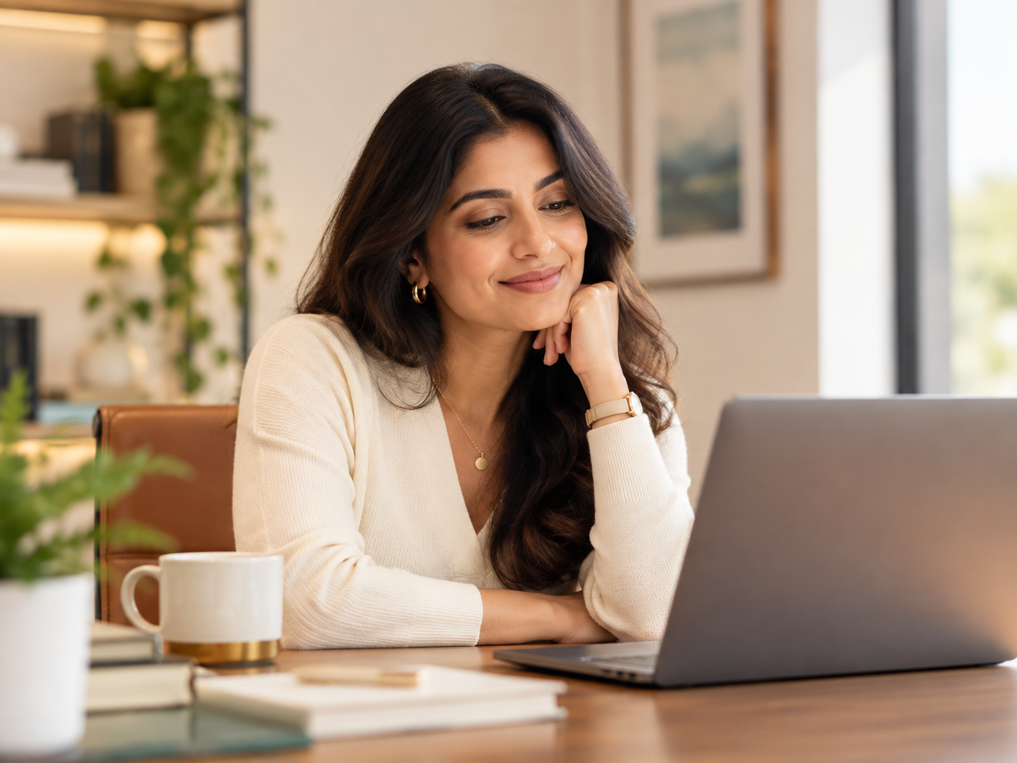 Founder working calmly and confidently at her desk
