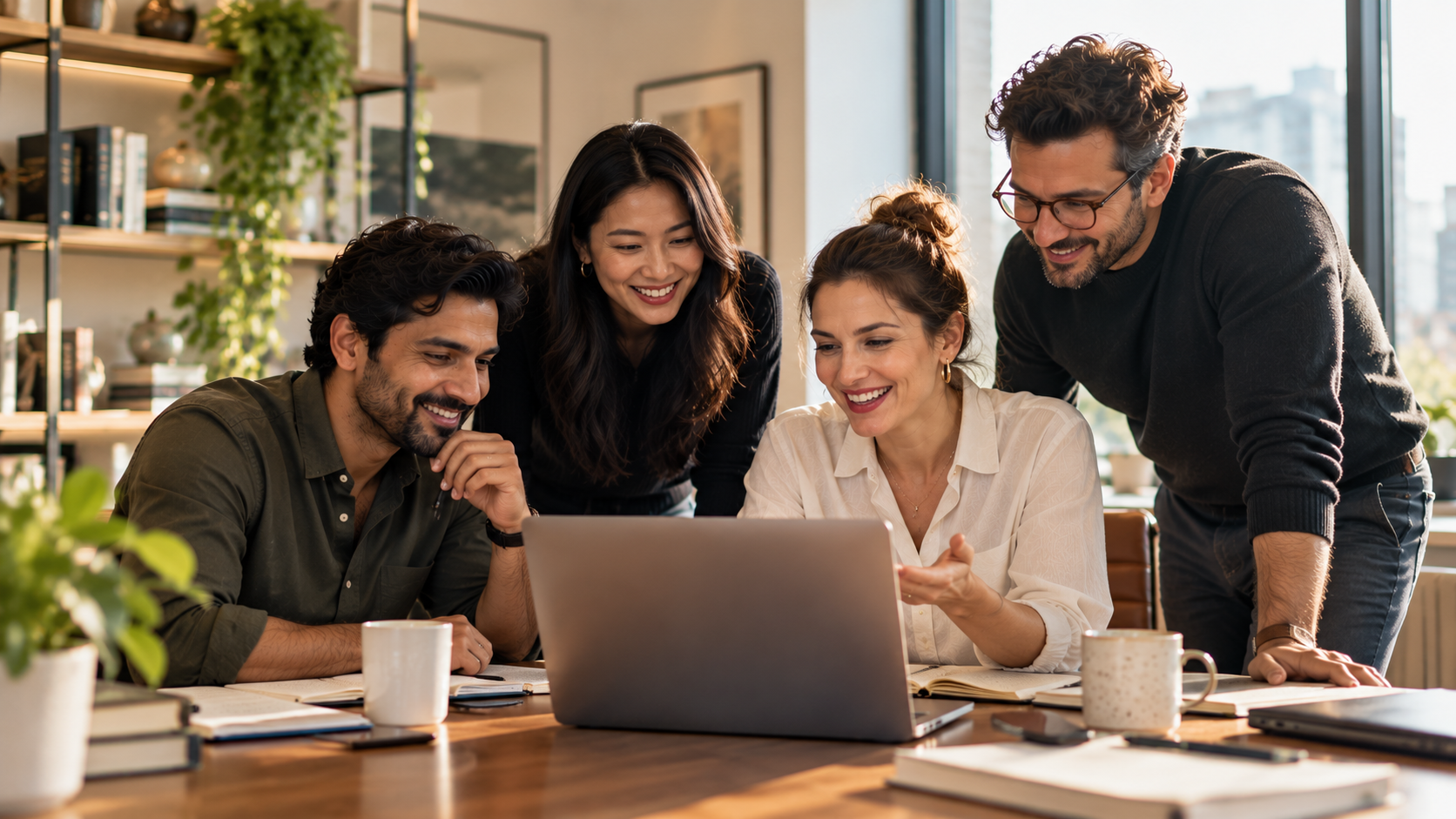 A small group of founders collaborating together around a laptop