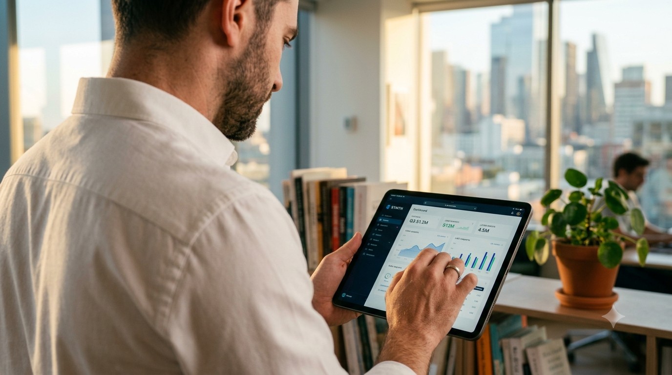 Over-the-shoulder view of a founder reviewing dashboard results on a tablet
